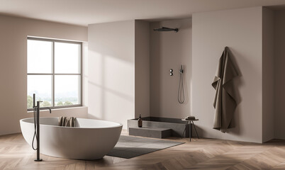 Elegant modern bathroom interior with freestanding bathtub, walk-in shower, wooden chevron floor, neutral wall tones, and soft daylight. 3D Rendering