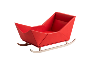 Red angular sleigh with geometric folds and wooden curved runners, isolated on a transparent background