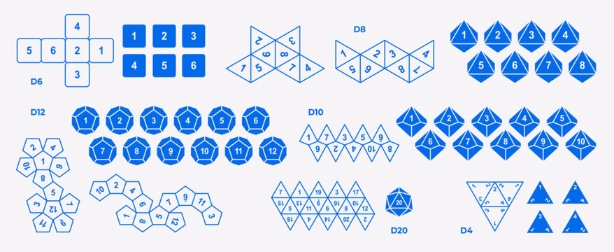 Vector illustration set of polyhedral dice D4, D6, D8, D10, D12, D20 with unfolded layouts. Collection of gaming dice for tabletop, RPG, and board game design projects.