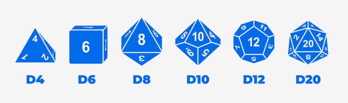 Vector illustration set of D4, D6, D8, D10, D12, and D20 dice icons isolated on white background. Polyhedral gaming dice collection for tabletop, RPG, and board game design projects.