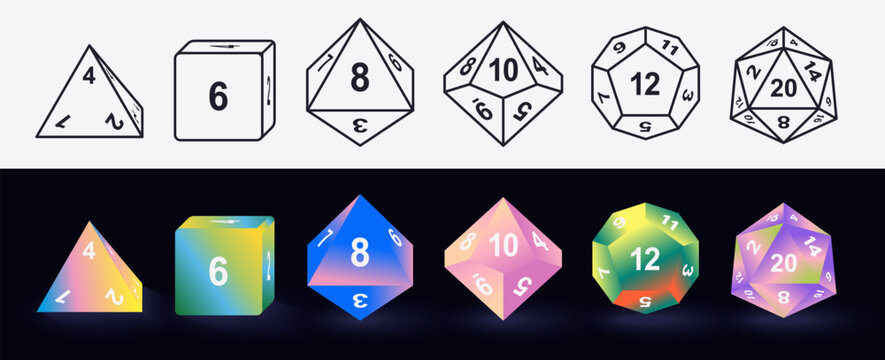 Vector illustration set of D4, D6, D8, D10, D12, D20 dice icons isolated. Polyhedral gaming dice collection for tabletop, RPG, and board game design projects. Vibrant gradient colors.
