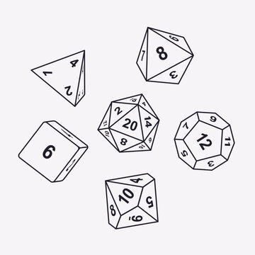 Vector illustration set of D4, D6, D8, D10, D12, D20 dice icons isolated. Polyhedral gaming dice collection for tabletop, RPG, and board game design projects.