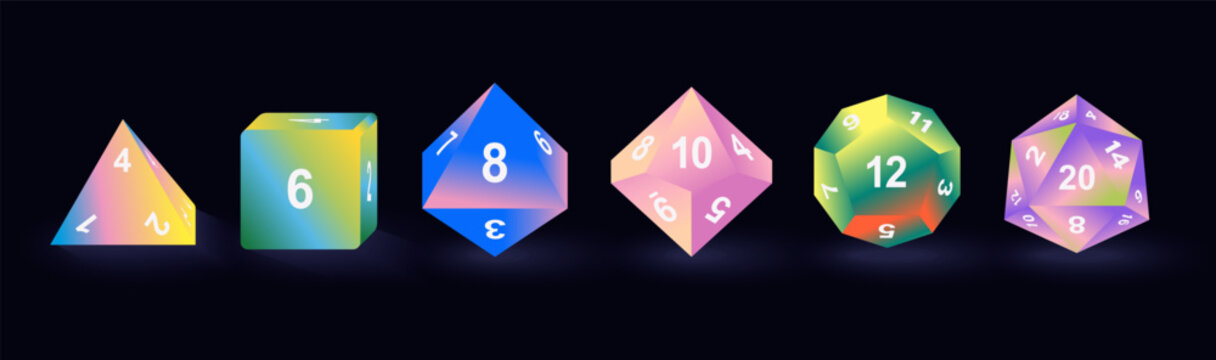 Vector illustration set of D4, D6, D8, D10, D12, D20 dice icons isolated. Polyhedral gaming dice collection for tabletop, RPG, and board game design projects. Vibrant gradient colors.