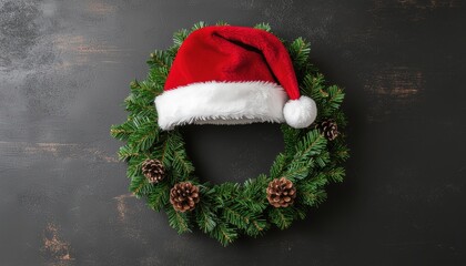 Festive christmas decoration home wreath with santa hat indoor close-up holiday spirit
