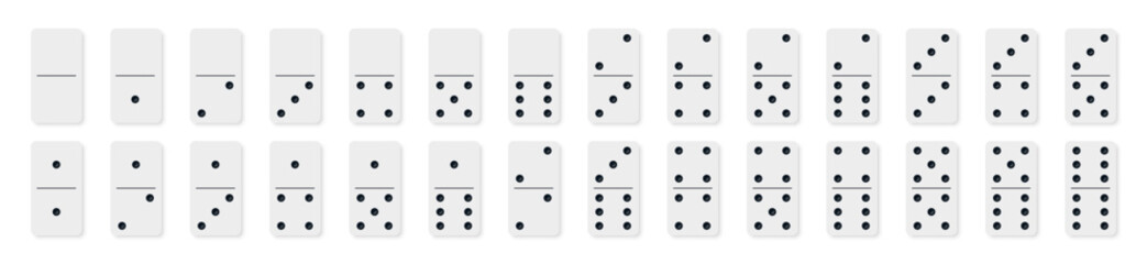 Vector illustration of a complete set of domino tiles in flat design style. Classic rectangular domino pieces for board games, tabletop, and gaming design projects.