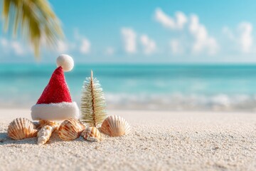 Santa hat and mini tree on tropical beach