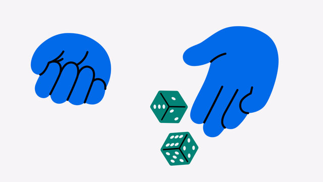 Vector illustration of a hand throwing two dice. Dynamic motion symbolizing luck, chance, risk, and gambling. Perfect for casino, gaming, and entertainment design projects.
