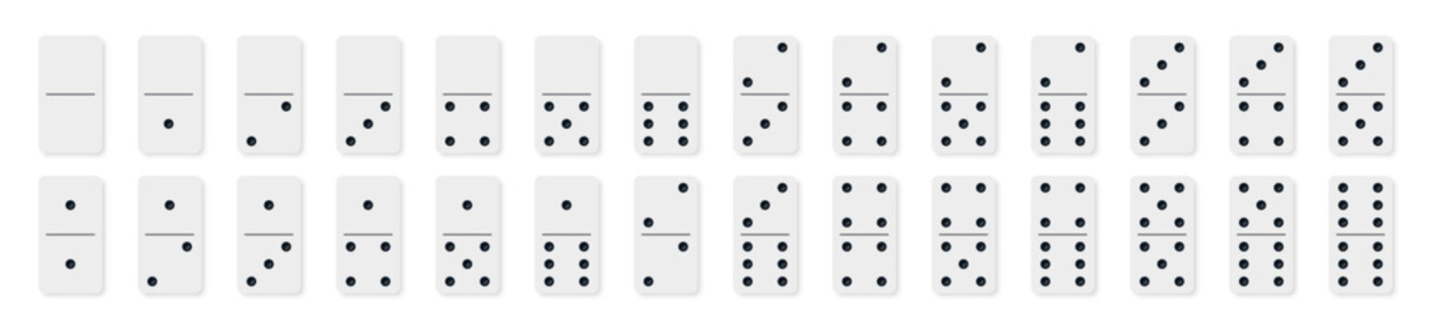 Vector illustration of a complete set of domino tiles in flat design style. Classic rectangular domino pieces for board games, tabletop, and gaming design projects.