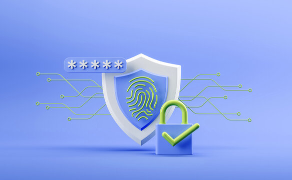 Fingerprint shield, password bar, and unlocked padlock with checkmark on blue background, creative cybersecurity design concept, 3D Rendering
