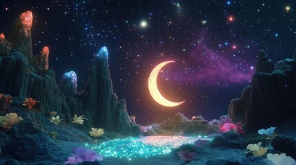 Mystical, starry night landscape with glowing crystals and flowers