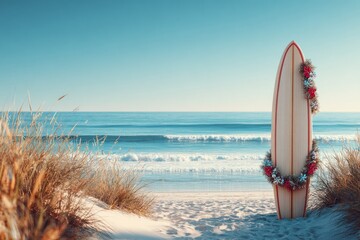 Surfboard decorated with Christmas wreath on sunny coastal sand dune beach