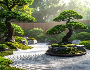 Zen garden with bonsai trees