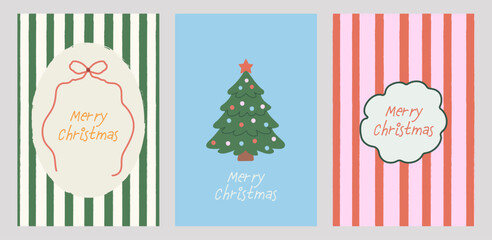 Merry Christmas and Happy New Year card set in doodle line art retro vintage style: Xmas tree, wavy frames, ribbons, and bows.Hand-drawn festive invitations, posters, greeting cards, or backgrounds.