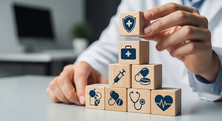 Wooden blocks with medical icons form a pyramid, healthcare concept, symbolizing health, protection, and medical services
