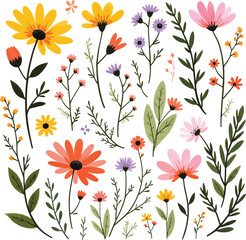 Floral pattern illustration with various colorful wildflowers and green leaves