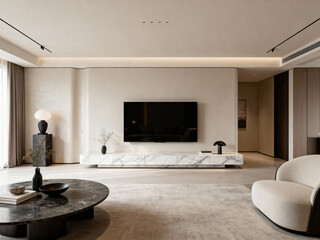 Minimalist Living Room with Marble TV Stand create with ai