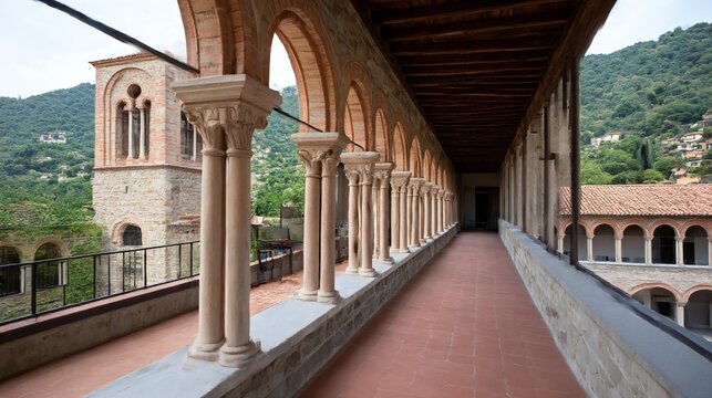 Architectural corridor with stone columns and arches, leading to a serene landscape, showcasing historical design and natural beauty in a tranquil environment