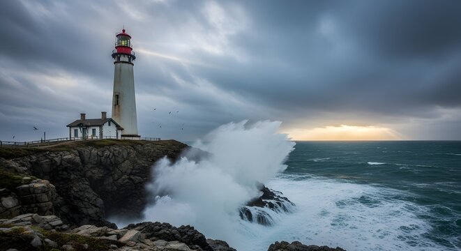 Dramatic lighthouse amidst crashing waves and stormy skies - Powered by Adobe