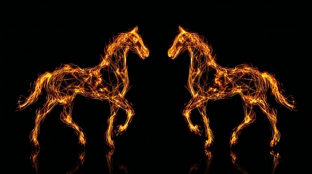 Two majestic horses depicted in glowing orange light trails, showcasing dynamic movement and energy against a dark background, representing strength and beauty in equine form