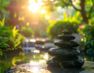 Zen stones in a tranquil garden setting