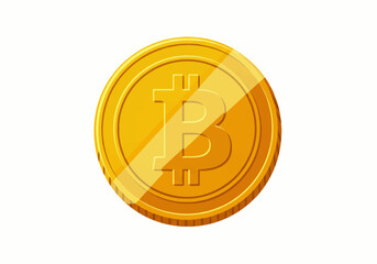 A single, golden Bitcoin coin with a shiny surface, isolated on a plain white background.