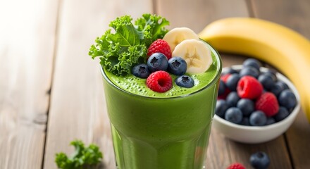 Healthy green smoothie topped with fresh berries and banana