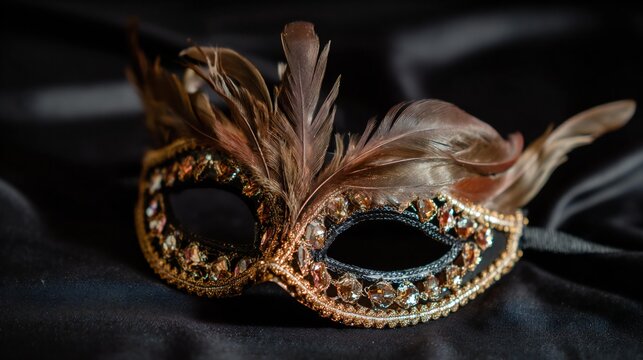 Ornate masquerade mask adorned with feathers and sparkling gems, resting elegantly on a dark satin fabric, creating a mysterious and festive atmosphere for celebrations