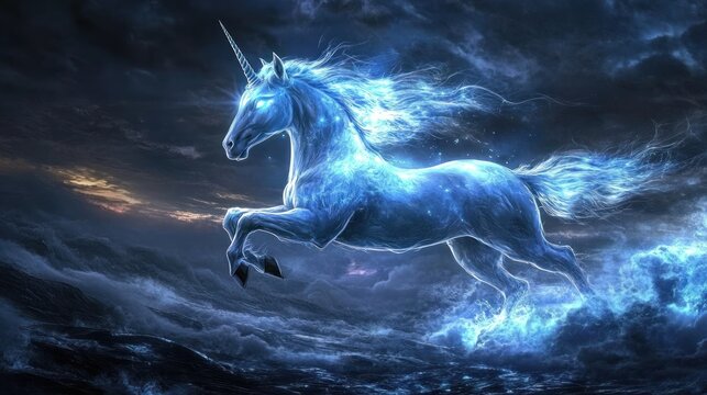 Mythical unicorn with blue flames, soaring above stormy seas - Powered by Adobe