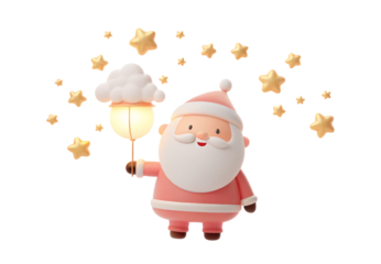 Santa holding cloud lantern, stars floating, cheerful holiday character illustration, isolated on a transparent background