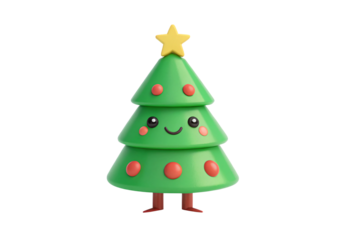 Smiling Christmas tree with face, green tiers, yellow star topper, isolated on a transparent background