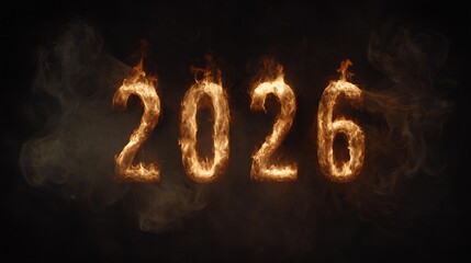 Fiery representation of the year 2026, with flames forming numbers against a dark smoky background, symbolizing transformation and new beginnings in a visually striking manner