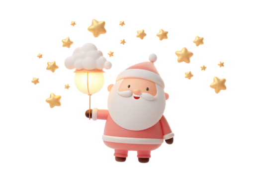 Santa holding cloud lantern, stars floating, cheerful holiday character illustration, isolated on a transparent background - Powered by Adobe