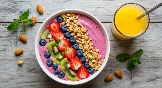 Healthy Breakfast Bliss: A vibrant breakfast bowl bursts with colorful berries, kiwi slices, and crunchy granola, alongside a refreshing glass of orange juice.