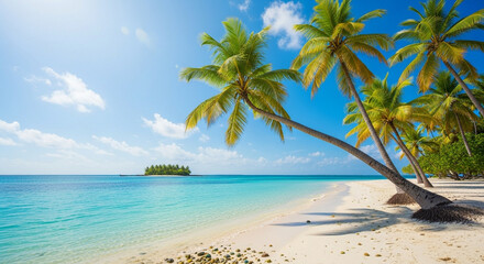 Tropical Paradise: Palm trees frame a pristine beach with turquoise waters under a bright blue sky, embodying the ultimate escape. 