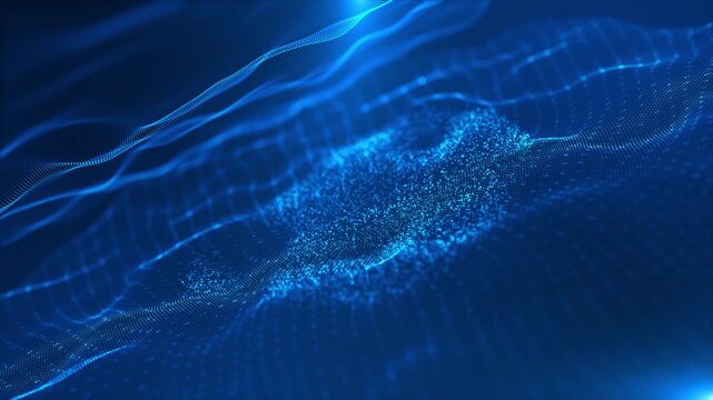 Abstract flowing wave line, particle dot pattern, neon light on dark blue gradient background. 3d 4K cyber Modern futuristic design, particles wave data background. Network science, technology concept