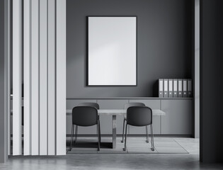 Empty poster mockup in contemporary office interior with monochrome theme, framed on dark clean wall, concept for layout, product, or design sample. 3D Rendering