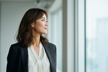 静かな朝の決意 ― 窓辺で未来を見つめるビジネスウーマンの横顔