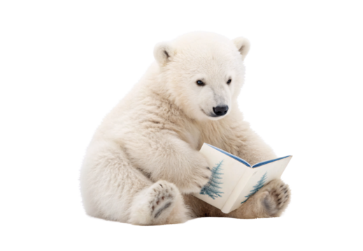 Cute polar bear cub reading a book with pine tree illustrations, isolated on a transparent background
