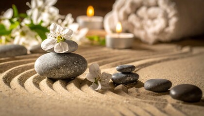Zen-like composition featuring a balanced stone stack, white blossoms, rolled towel, and burning candles, all arranged on raked sand