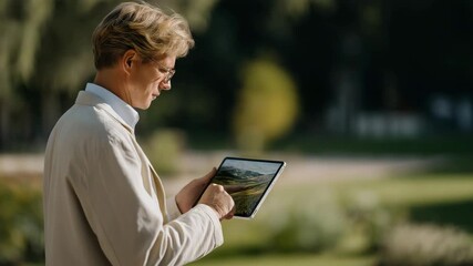 Professional standing outdoors in a park participating in remote team video meeting on tablet, surrounded by greenery and morning sunlight — representing hybrid work flexibility, sustainable - Powered by Adobe