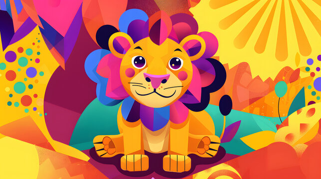 Cartoon Lion character flat vibrant colors geometric