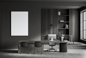Minimalist office interior with blank vertical poster mockup on dark wall, surrounded by clean layout, modern furniture and creative workspace. 3D Rendering