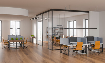 Contemporary office interior with open workstations, glass-walled meeting room, wood flooring, and modern orange chairs. 3D Rendering