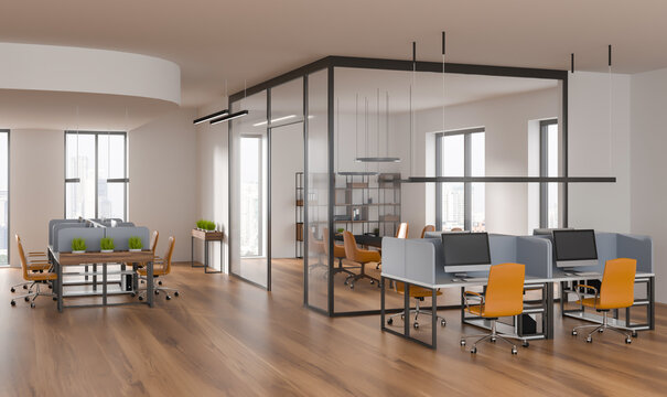 Contemporary office interior with open workstations, glass-walled meeting room, wood flooring, and modern orange chairs. 3D Rendering - Powered by Adobe