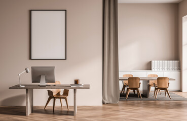 Contemporary office space with clean layout, blank framed poster on beige wall, wooden furniture and soft lighting. Concept of template display. 3D Rendering
