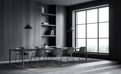 Contemporary meeting room with sleek interior design, gray tones, pendant lighting and large window, wood accents and concrete floor. 3D Rendering