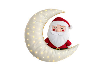 Cute Santa Claus figurine sleeping on illuminated crescent moon decoration, isolated on a transparent background
