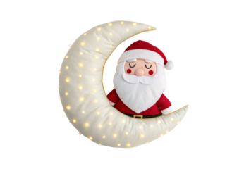 Cute Santa Claus figurine sleeping on illuminated crescent moon decoration, isolated on a transparent background