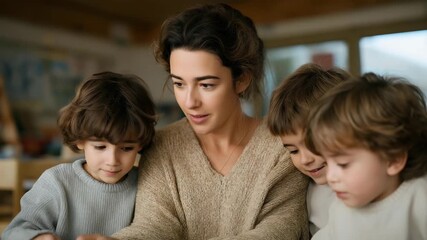 Refugee family sitting in a bright classroom as their child learns a new language from a compassionate teacher, symbolizing integration, education for displaced families, and cultural adaptation