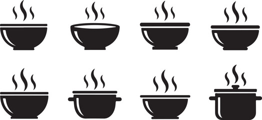 Set of Hot Food Bowl Icons: Soup, Stew, and Cooking Symbol

Black Silhouette of Steaming Bowls and Cooking Pots

Restaurant Menu Icon Set: Hot Dishes and Dinner